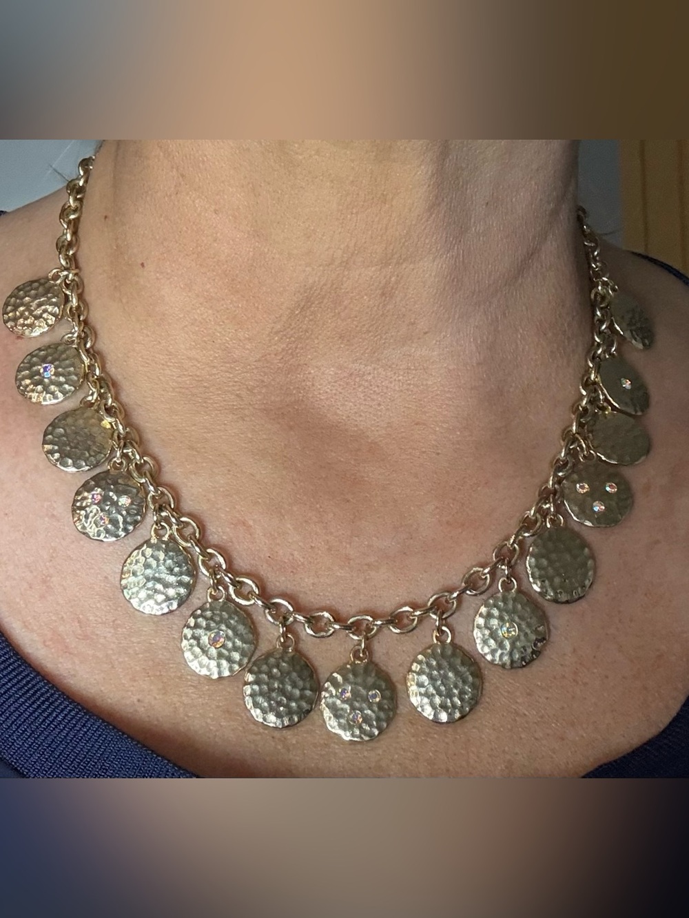 Gold Tone Hammered Disc Statement Necklace | Crystal Accent Boho Bib - Picture 4 of 7